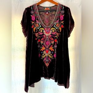 Johnny Was velvet embroidered  tunic - rich brown - size medium